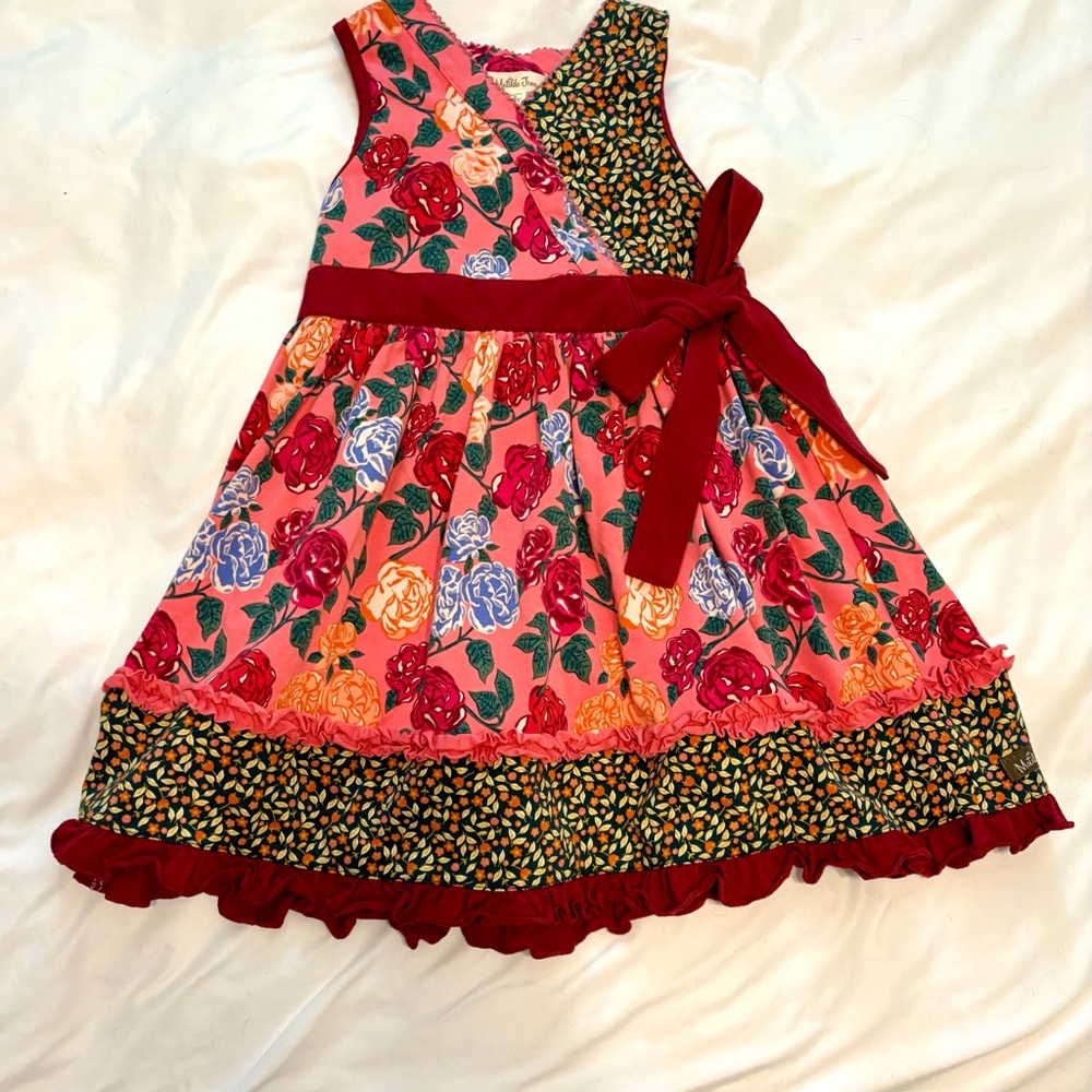 Matilda Jane Pink Red Floral Wrap-Style Girls Dress with Maroon Sash